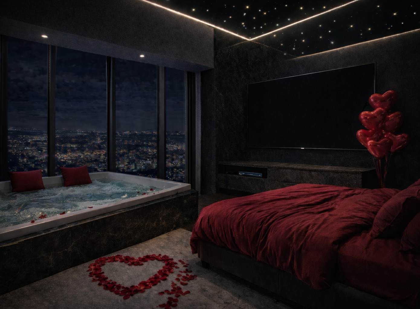 Romantyczny apartament Sky Tower, widok na miasto, 2 pokoje, jacuzzi w sypialni