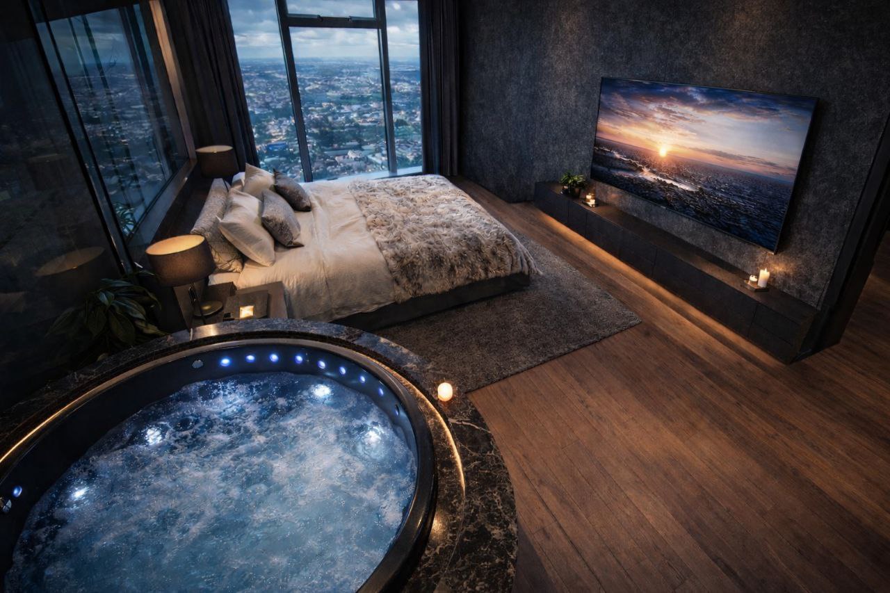 Luksusowy apartament w Sky Tower – 33 piętro | 2 pokoje | Jacuzzi | Widok na Wrocław